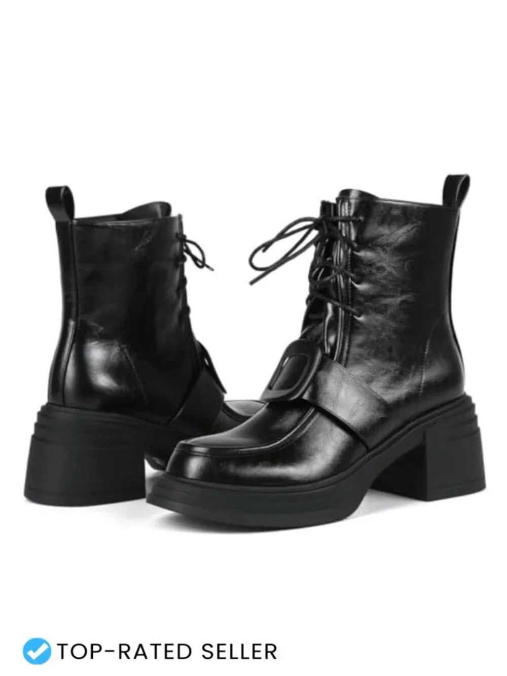 Women's Round Toe Lace Up Combat Ankle Boots Chunky Platform Heel Faux Leather